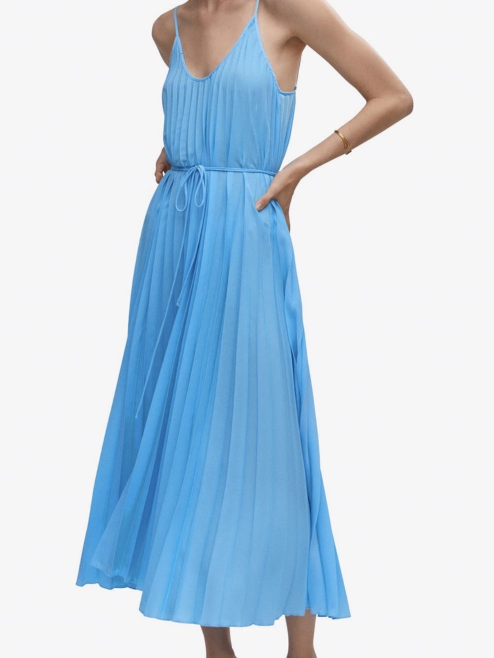 Mango Light Blue Pleated Spaghetti-Strap Maxi Dress